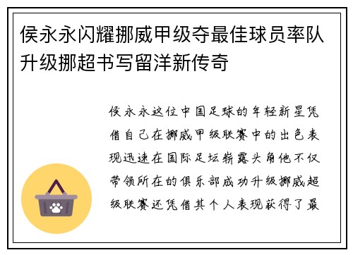 侯永永闪耀挪威甲级夺最佳球员率队升级挪超书写留洋新传奇